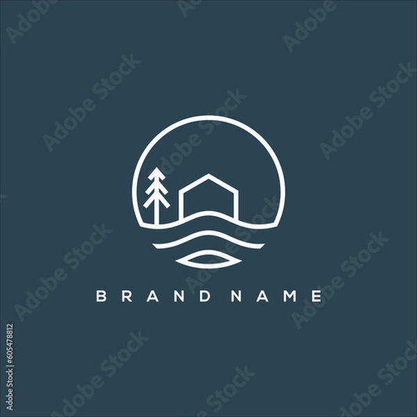 Obraz Line art lake house and pine tree logo vector