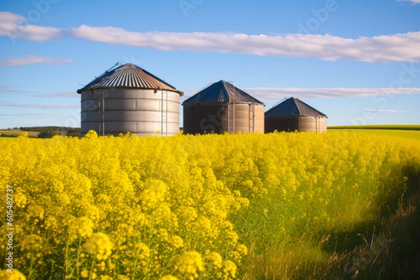Fototapeta Grain bins on a ripening canola field - Generative AI