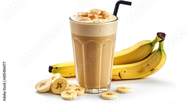 Obraz Banana smoothie on an isolated white background created with Generative AI	