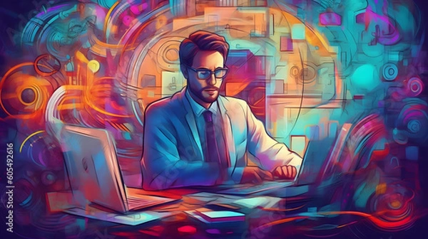 Fototapeta Generative AI A man sits at a desk, working on his laptop. The scene is styled in a Memphis aesthetic, featuring vibrant colors and bold patterns.