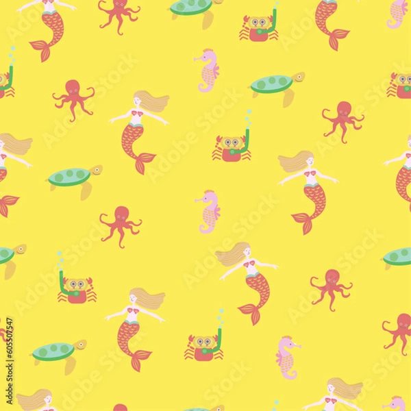 Obraz 背景が黄色の人魚とタコやタツノオトシゴなどの海の生き物のシームレスパターン