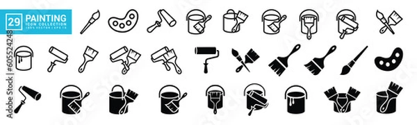 Fototapeta Collection of painting related icons, various painting tools, paint icons icon template editable resizable EPS 10