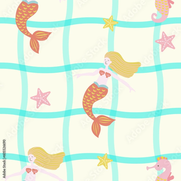 Obraz かわいい人魚とヒトデとタツノオトシゴと波のチェック柄のシームレスパターン