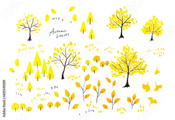 Fototapeta 秋　紅葉　木や葉っぱの手書きイラスト　木　葉草　草原　林　森　イラスト　素材　イラスト素材　手描き　白背景　ラフ　ざっくり　季節　秋の　黄色　黄　落ち葉　おしゃれ　グラフィック素材　絵本　かわいい　ほっこり