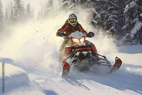 Fototapeta Rescuer riding snowmobile at snowcapped landscape on a high speed, with a huge splashes of snow. Generative art
