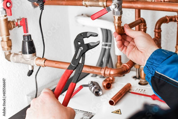 Obraz Plumbing concept or service water worker. copper pipeline with preassure gauge.