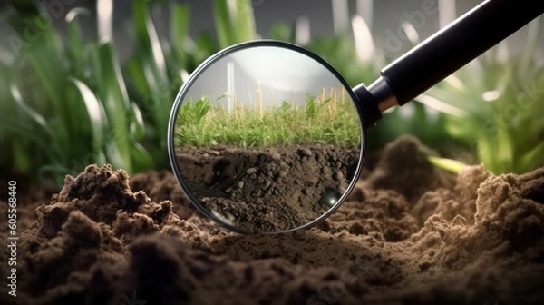 Obraz Soil seen through a magnifying glass, focusing on the soil pollution. Created with generative AI technology.