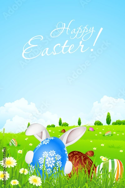 Fototapeta Green Landscape Background with Easter Eggs