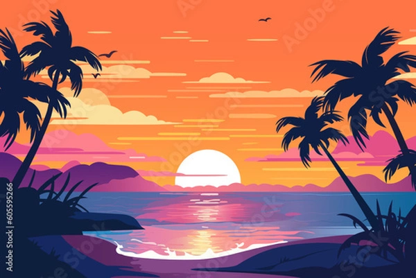 Fototapeta Evening on the beach with a beautiful landscape of palm trees. Evening on the beach with palm trees. colorful picture for rest. Palm trees at sunset. Orange sunset. Summer sunset. Paradise beach sunse