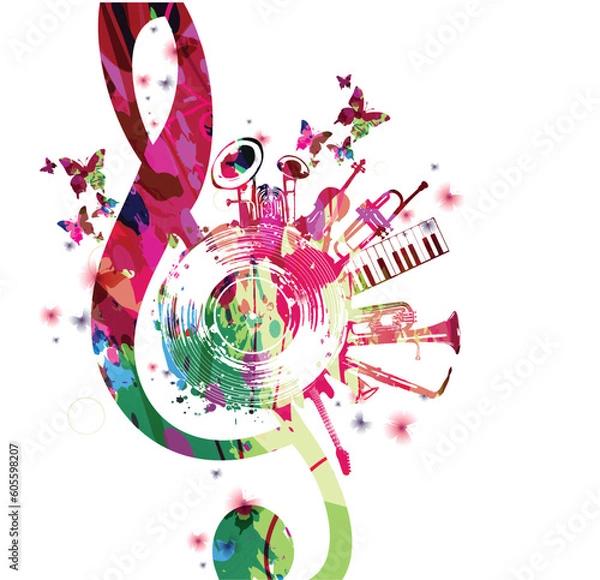 Obraz Colorful musical poster with G-clef, LP vinyl record disc and musical instruments vector illustration. Playful background for live concert events, music festivals and shows, party flyer