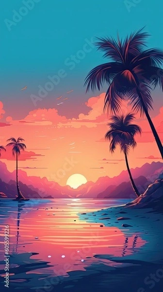 Fototapeta Coconut palms at pink tropical sunset over calm sea. Generative AI