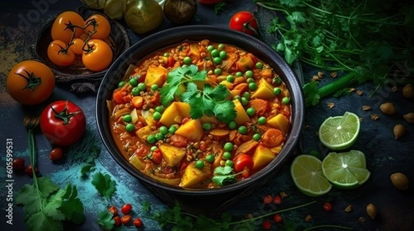 Fototapeta Lentil and vegetable curry vegetarian meal on dark background. Generative AI