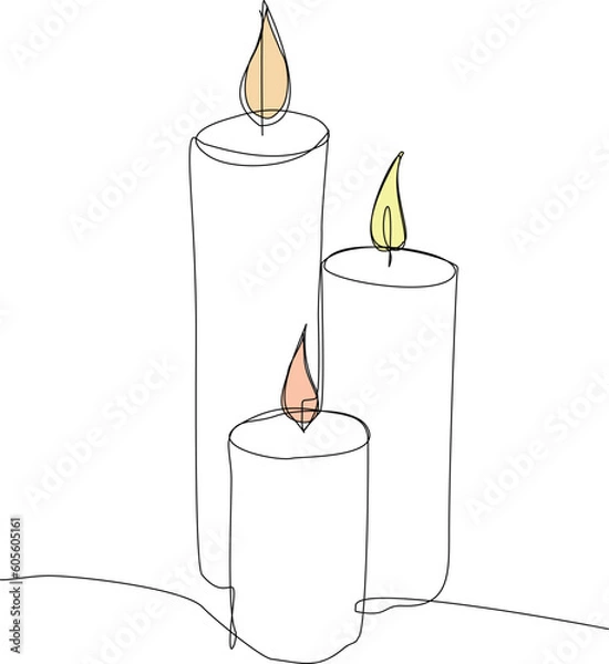 Fototapeta Burning aroma candles one line art vector illustration. Continuous line drawing of comfort theme and romance. Warm and calm atmosphere.