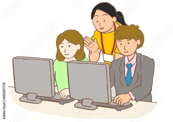 Obraz 就労移行支援事業所でパソコン操作を習う精神障害者のイラスト