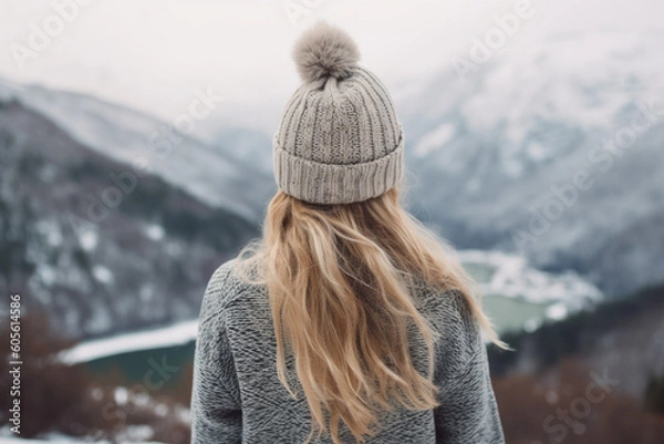 Obraz A woman seen from behind in winter landscape, generative ai