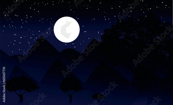 Fototapeta Vector flat illustration of a panoramic night mountain landscape with a wood under the sky with moon and stars ,
