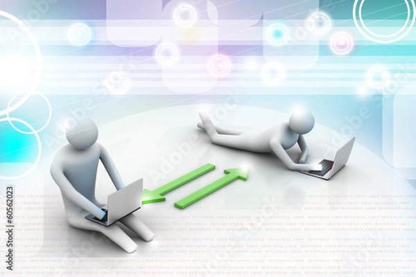 Fototapeta Two 3d people holding laptops are connected with arrows