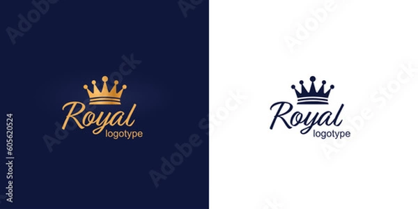 Fototapeta Crown Luxury Concept Logo Design Template on blue and white background. Logotype vector sign.