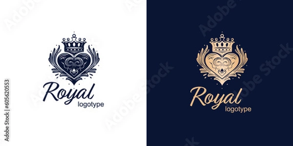 Fototapeta Crown Luxury Concept Logo Design Template on blue and white background. Logotype vector sign.