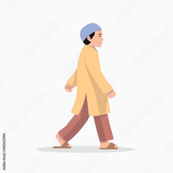 Obraz happy Muslim boy walking flat vector isolated on white background