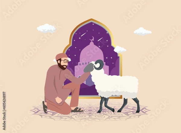 Obraz Muslim man with goat for eid al adha vector illustration background