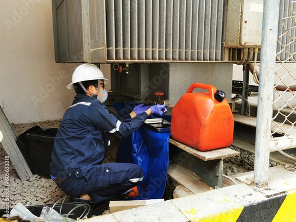 Obraz Electrician taking samples of transformer oil to test the dielectric strength after the annual repair work.