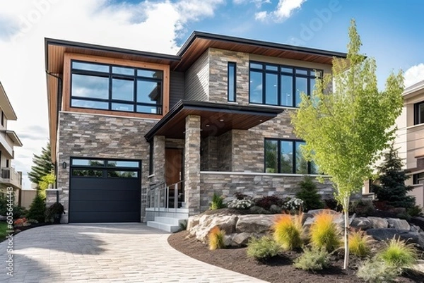 Obraz Cutting-Edge Features in a Progressive New Home with Coral Siding and Natural Stone Cladding: Includes Single Car Garage, generative AI