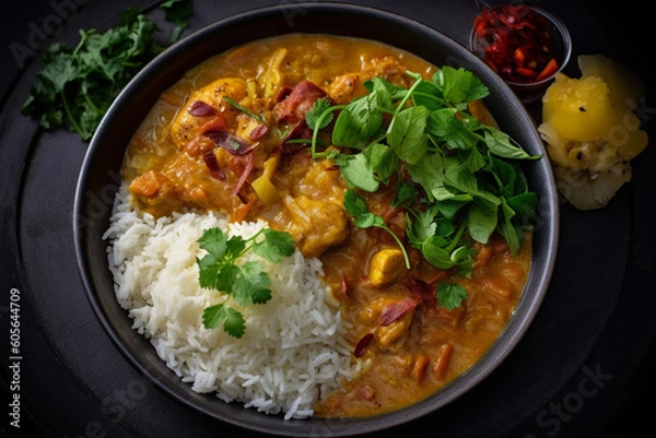 Fototapeta Indian chicken curry recipe served in a black plate. Ai generated