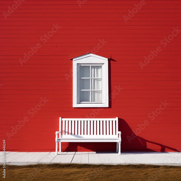 Obraz White Bench and Red Cottage