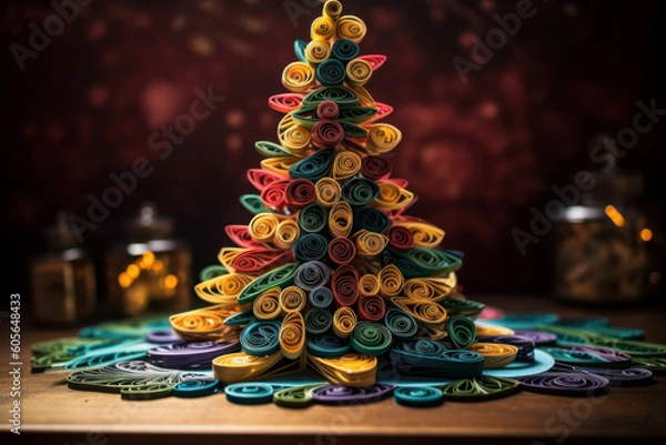 Fototapeta Christmas tree made of colourful paper on a wooden table. Christmas concept, generative Ai