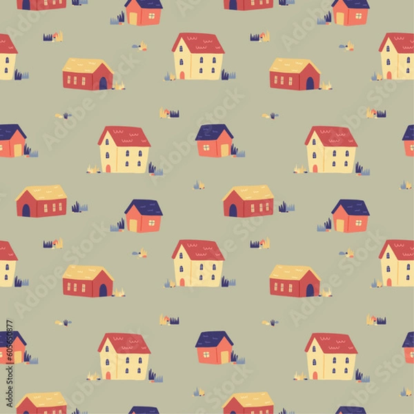 Fototapeta Vector seamless pattern with tiny cartoon houses and pushes on soft muted green background