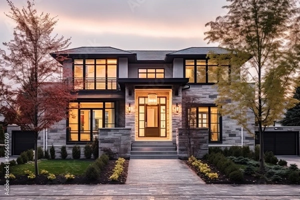 Fototapeta Cutting-Edge Styling meets Vibrant Freshness in this Natural Stone & Light Gray Siding Double Garage Residence, generative AI