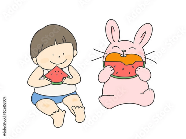 Obraz スイカを食べる男の子とウサギ