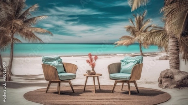 Fototapeta two chairs on the beach, ai generative