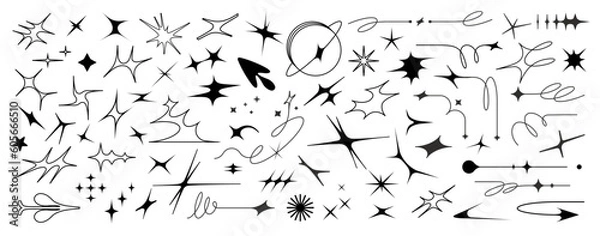 Fototapeta Futuristic brutalist logo with geometric shapes, arrows, and bursts influenced by Y2K. A galaxy of figures and crosses add energy for a cutting-edge brand