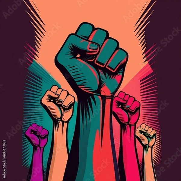 Fototapeta illustration of a person in the background, hand with a closed fist raised in protest, colorful hands, in high resolution, generated by artificial intelligence.