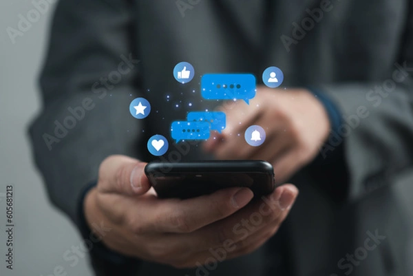 Fototapeta Communication Digital Web and social network Concept. Man using smartphone chat and communication online social media on application.