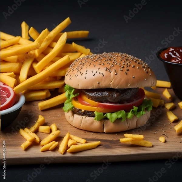 Fototapeta Craft beef burger and french fries on a wooden table melting cheeses isolated on black background generated by ai