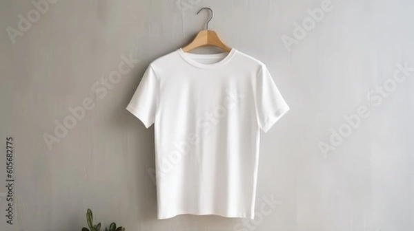 Fototapeta Admire a detailed mockup of a white tee shirt hanging in a modern closet interior. An embodiment of contemporary style, an AI creation
