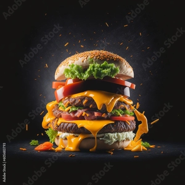 Fototapeta exploding burger with vegetables and melted cheese on black background generated by ai