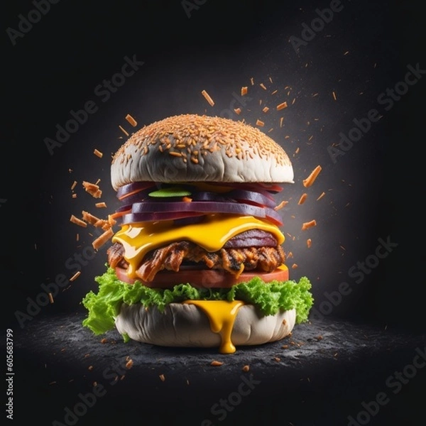 Fototapeta exploding burger with vegetables and melted cheese on black background generated by ai