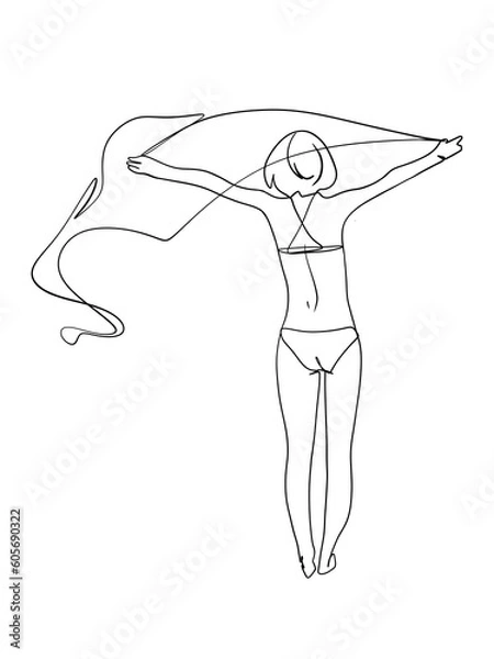 Fototapeta A woman posing in bikini is hand drawn in one line and line art style. Anime style body expression. Printable art.