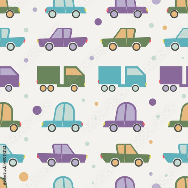 Fototapeta Cartoon Transportation Background for Kids. Vector Seamless Pattern with Cute Cars 