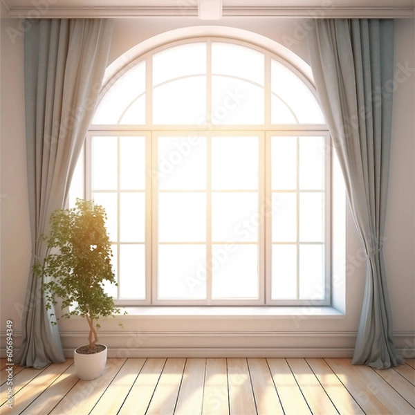 Fototapeta Sunny Modern Empty Interior With Arched Window. Transparent Glass. Room Mockup. Ai Generative