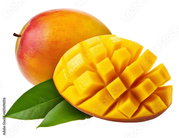 Fototapeta Ripe cut mango with green leaf. Isolated on a transparent background. KI.