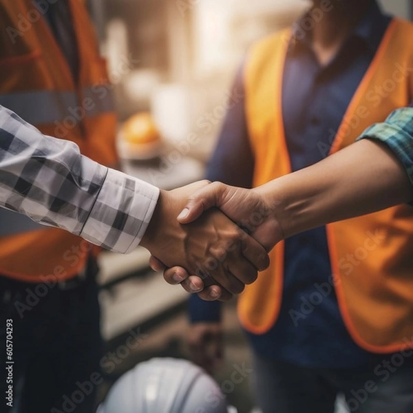 Fototapeta In a symbol of teamwork and cooperation, an architect and engineer construction workers share a firm handshake, marking the successful culmination of an agreement at the office construction site. 