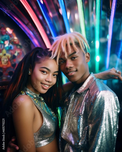 Fototapeta Generative ai mixed race young couple indoors club hugging smiling