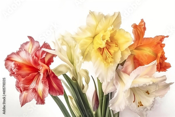 Obraz still life with colorful gladioli on white background
