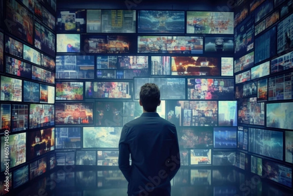 Fototapeta Adult Business Man In A Dark Jacket In An Empty Room In Front Of A Wall With Many News Screens Created Using Artificial Intelligence