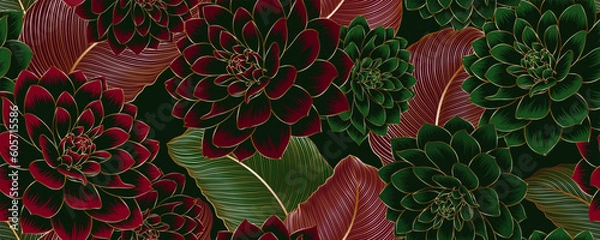 Fototapeta Luxurious vintage seamless pattern with golden flowers dahlia and leaves.